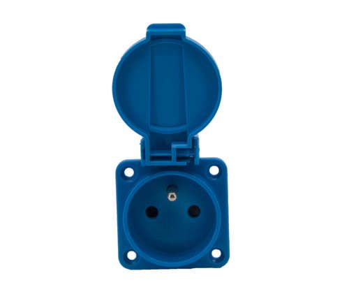 Schutzkontakt-Steckdose Einbau fuer Frankreich/Belgien mit blauem Klappdeckel